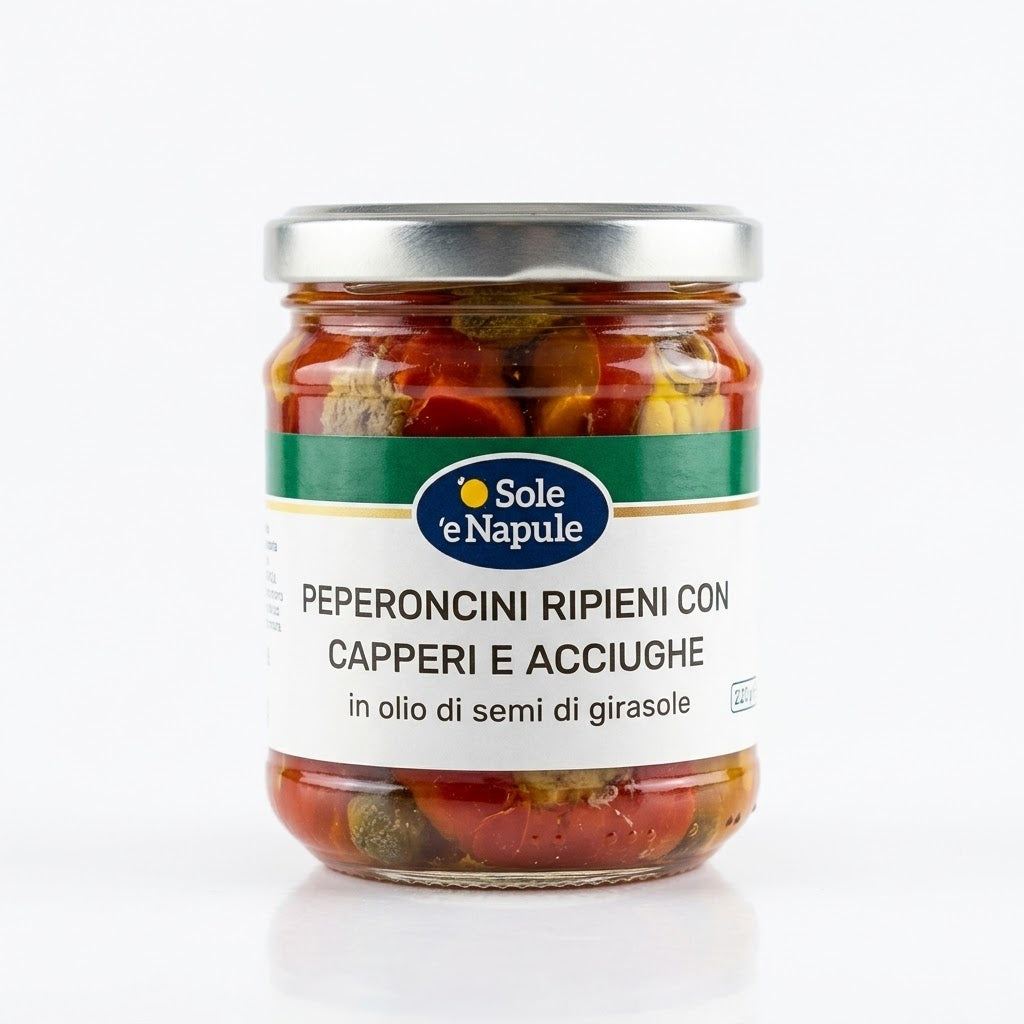 ‘’O SOLE E NAPULE ‘’ Peperoncini Ripieni con Capperi e Acciughe 180g